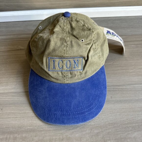 ICON Hat Cap By Adams One Size Leather Strap Cotton Beige Tan Blue Vintage‎ NWT - Picture 1 of 10